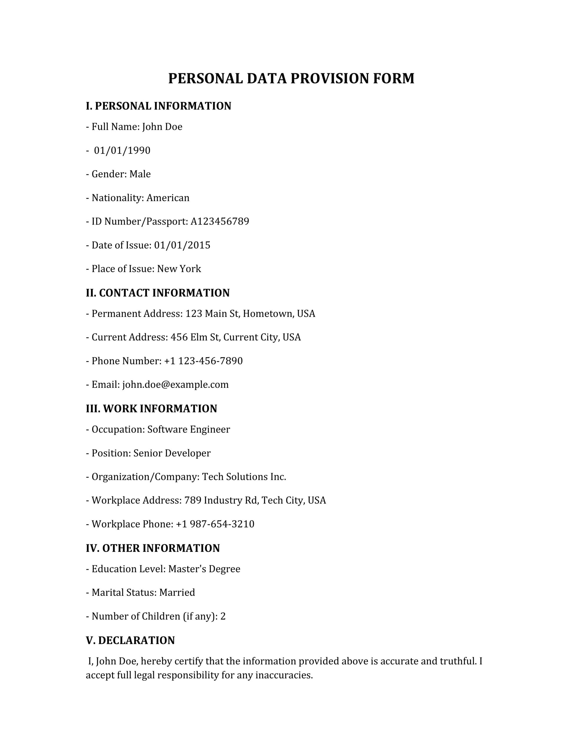 Personal data provision form filled 1